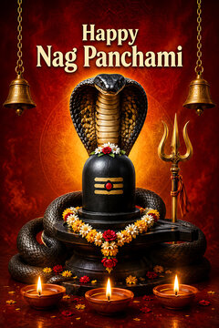 Nag panchami worship with cobra guarding shiv lingam among marigold garlands glowing diyas temple bells trident and sacred floral offerings ceremonial altar