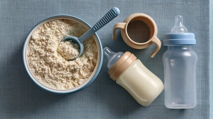 Powdered formula sits beside a baby bottle and measuring cup. © Smart Future