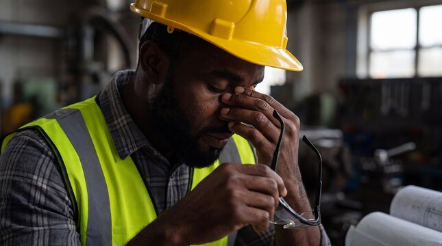 Tired construction worker rubs his eyes, feeling exhausted after long day on site, seeking relief from eye strain and fatigue with hopeful expression