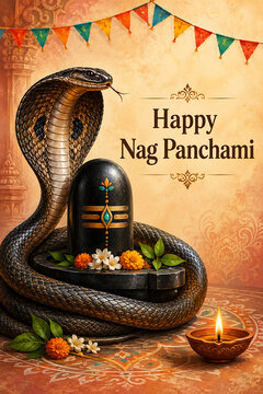 Nag panchami celebration with cobra surrounding shiv lingam decorated with flowers green leaves colorful pennants rangoli floor and glowing traditional diya foreground