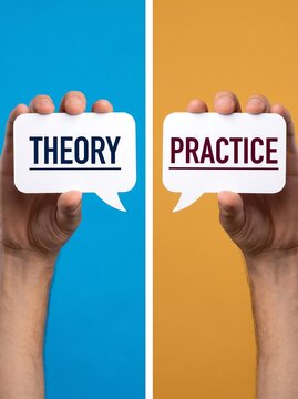 Business concept of theory versus practice comparison handheld signage with practice comparison business decision strategy professional dichotomy analysis management corporate education