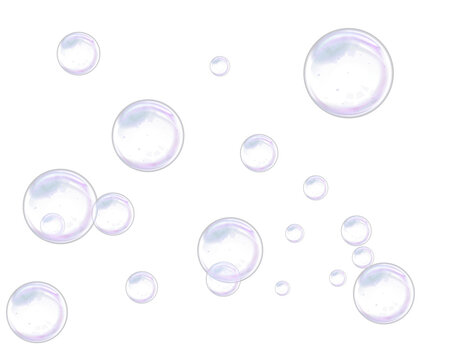 Set of glass bubbles with transparent surfaces, rainbow reflections, glossy white highlights, and scattered floating circles isolated on transparent background for abstract overlay design.