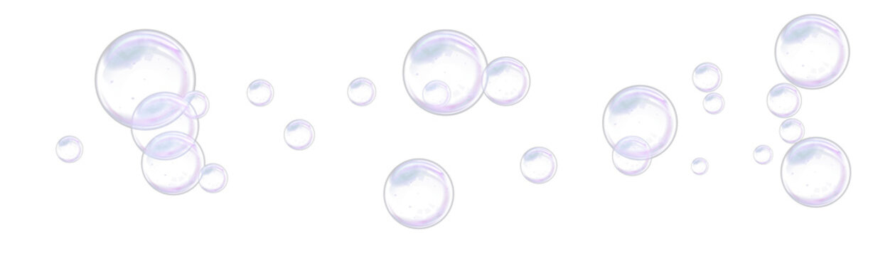 Realistic transparent soap bubble set with shiny white reflections, soft rainbow colored rims, clear glass texture, and floating foam circles isolated on transparent background for projects.