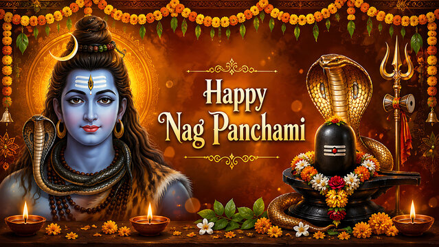 Nag panchami festival with mahadev portrait cobra shiv lingam trident marigold garlands glowing diyas and traditional temple decorations for devotion and worship