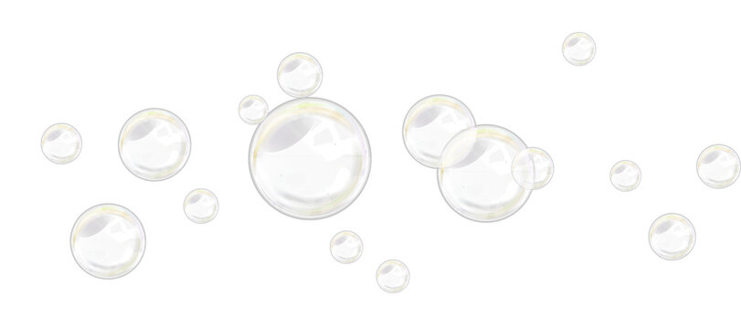 Collection of clear soap bubbles with 3d transparency, colorful rainbow reflections, glossy white highlights, and floating foam circles isolated on transparent background for design overlay.