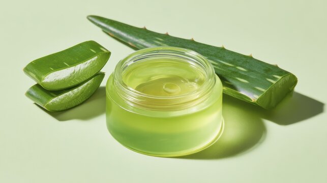Aloe vera gel in jar with fresh aloe leaf on pastel green background