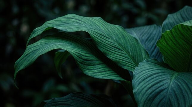 Abstract botanical wallpaper showing a close-up of bright blue green spathiphyllum cannifolium leaves in dark nature.
