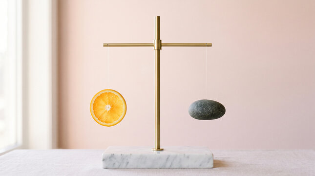 Brass Balance Scale Weighing Orange Slice against River Stone on Marble, Concept of Endocrine and Hormonal Equilibrium
