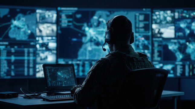 Information gathering, surveillance, and control concept featuring the silhouette of a military man with headphones and a laptop before a video wall of glowing screens.
