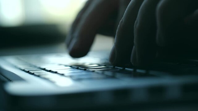 Close up person hands typing on laptop keyboard in dimly lit, dark room, with fingers working on business project, writing code during late hours. Close up hands businessman typing on laptop keyboard