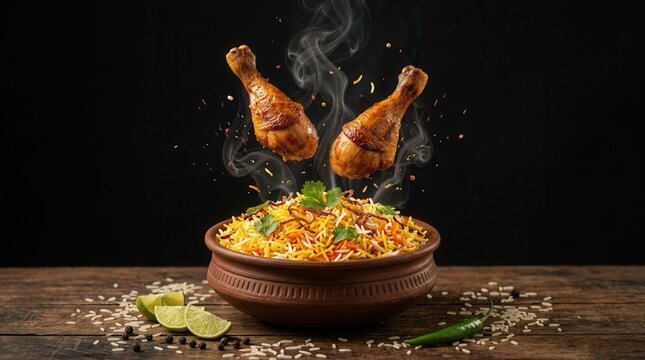 Hyderabadi biryani with spicy Indian flavors and flying chicken.