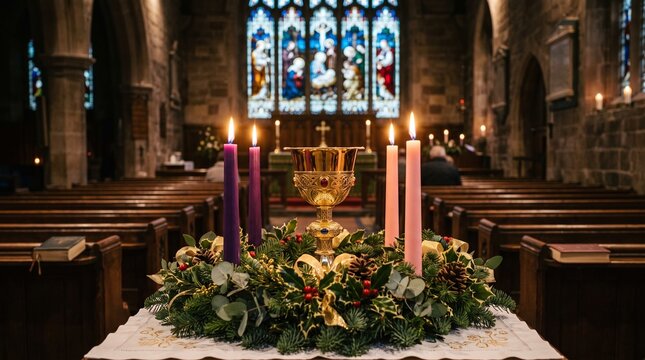 Advent wreath with burning candles in church, traditional Christmas altar decoration with holly and evergreens, religious stained glass window background
