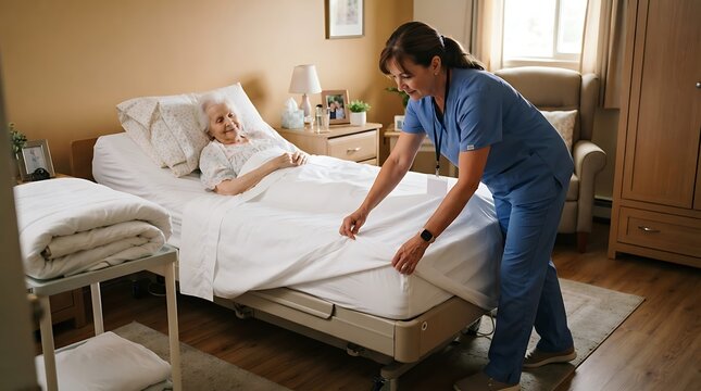 Caring Nurse Adjusts Bed Sheets for Elderly Patient in Comfortable Home Care Setting, Promoting Comfort and Well-being
