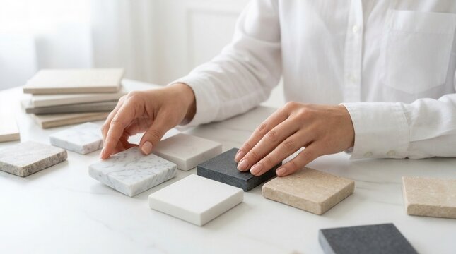 Selecting countertop material samples for a home improvement and kitchen remodel project.