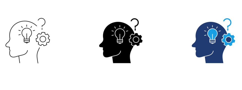 Problem solving icon set with human head, light bulb, gear, and question mark. Symbol of critical thinking, solution finder, decision making, brain process, logic and innovation.