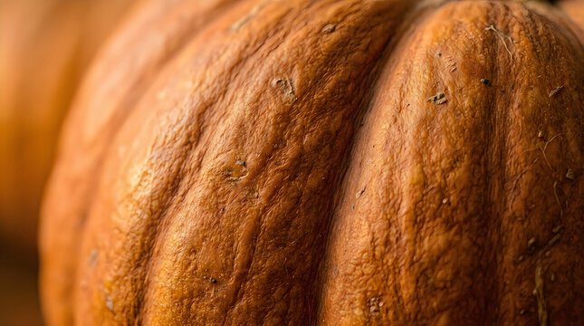 Close up view of the textured orange skin of a fresh pumpkin isolated on a clean white background