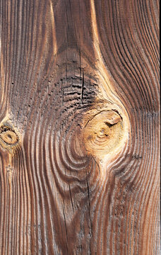 Rustic burnt wood texture close up view. Aged dark wooden plank board with natural knots and grain pattern. Abstract timber background for eco design and construction concept.