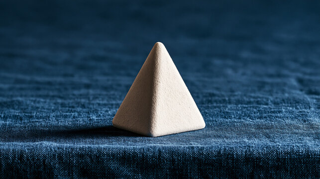 equilateral. Single white equilateral triangle object on deep blue linen, calm still life for editorial concept, lifestyle magazines.