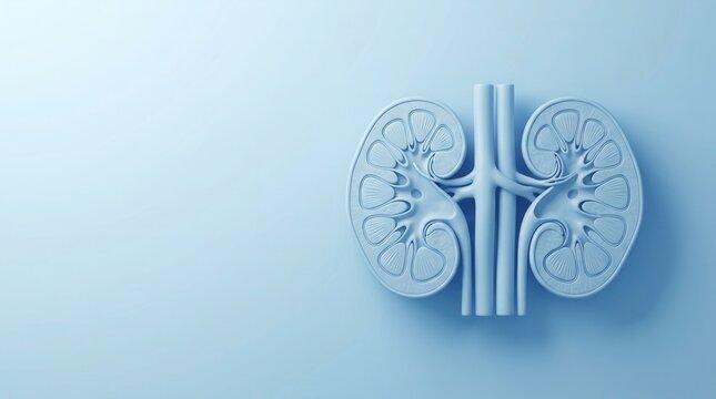 Pastel blue background with a top view decorative human kidneys model for chronic kidney disease and nephrology.