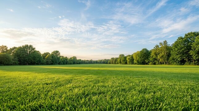 Background texture of a clean and wellmaintained grass lawn with variety of trees against a beautiful sky at a vacant ground or empty unpowered campsite in a park.