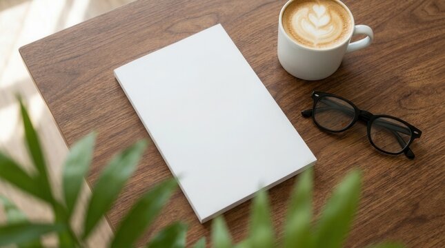 Top down view of a brown wooden table with a white soft cover book mockup, coffee mug, and blurred plant foreground