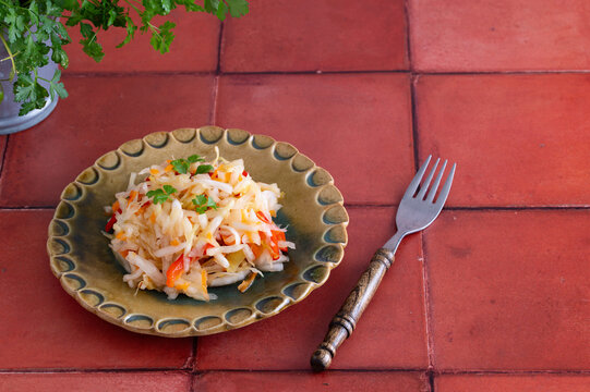 Fermented sauerkraut salad on plate on red tiles