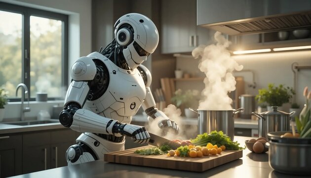 Humanoid robot cooking vegetables in modern kitchen
