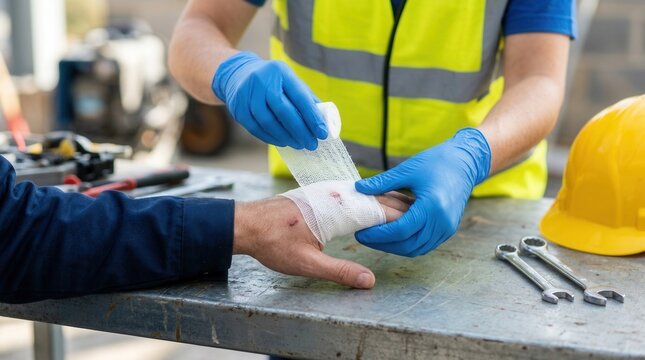 Bandage application for a hand injury during workplace first aid for a construction worker