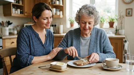 Fototapeta premium Caring Daughter Helping Elderly Mother Spread Butter on Toast at Kitchen Table During Morning Breakfast Together