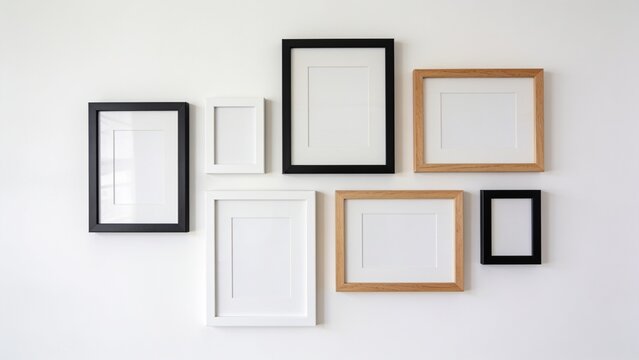 A minimalist gallery wall featuring multiple empty picture frames in assorted sizes and orientations, arranged asymmetrically on a clean white wall. Frames in matte black, white, and natural wood fini