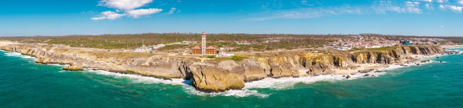 Panoramic Aerial View of Penedo da Saudade Lighthouse in Portugal