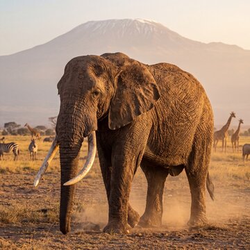 Majestic African elephant bull with large tusks, wild animals on savanna at sunset, scenic mountain landscape with giraffes and zebras