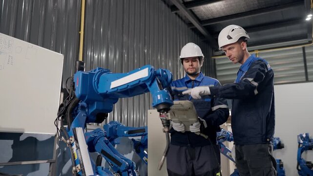 Robotics technician use teach pendant near robotic arm, supporting robot calibration, precision, safety, production efficiency, factory automation.