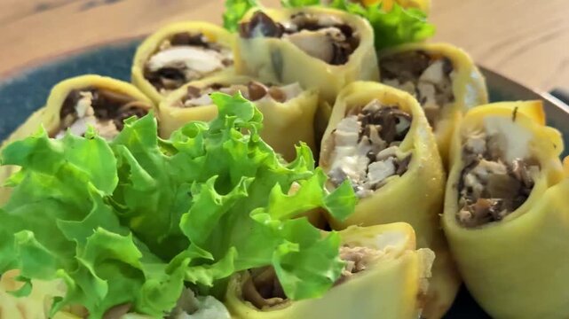 pancake roll with mushroom filling. A portion of spinach blini on white plate. Vertical Shot