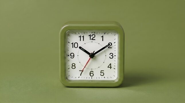 Olive Green Square Alarm Clock on Olive Green Background Minimalist Time Concept