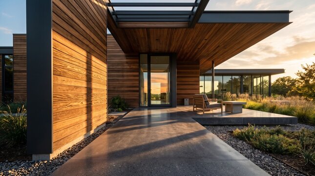Modern Luxury Villa with Contemporary Wooden Exterior and Concrete Walkway at Golden Hour Sunset