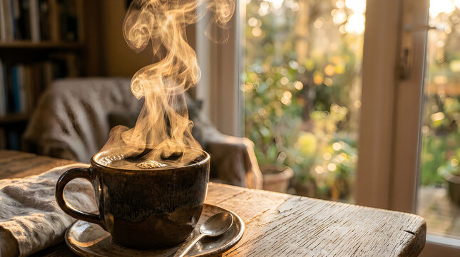 A steaming black coffee cup on a wooden table in a cozy home room with natural light and plants nearby