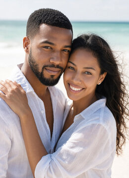 Young couple embracing and smiling by the ocean, wearing light shirts and showing affection. Natural light and relaxed mood at a sunny seaside setting with soft waves.