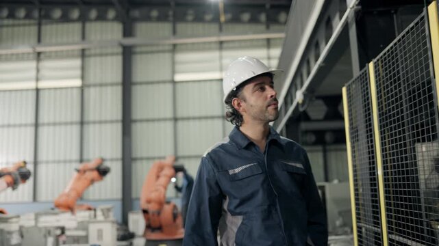 Male robotic technician walking patrol and communication with team speaks walkie-talkie in robot warehouse.