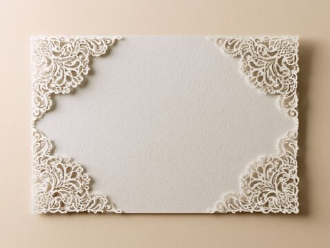 A photorealistic image of a vintage-inspired rectangular frame featuring lace corner cutouts, designed for laser cutting and elegant wedding stationery, showcased with soft lighting and fine detail.