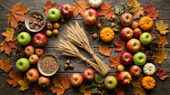 Fresh red and green apples with pumpkins and dry wheat sheaves on a dark wooden table for autumn harvest
