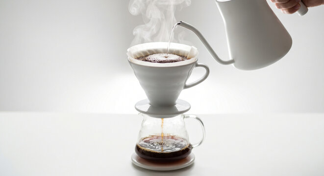 Hand Pouring Specialty Pour Over Coffee with White Gooseneck Kettle and Glass Server in Minimal Setting