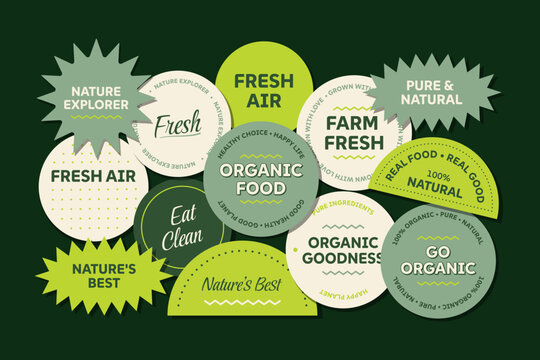 Set of round and decorative green labels for organic food and natural products
