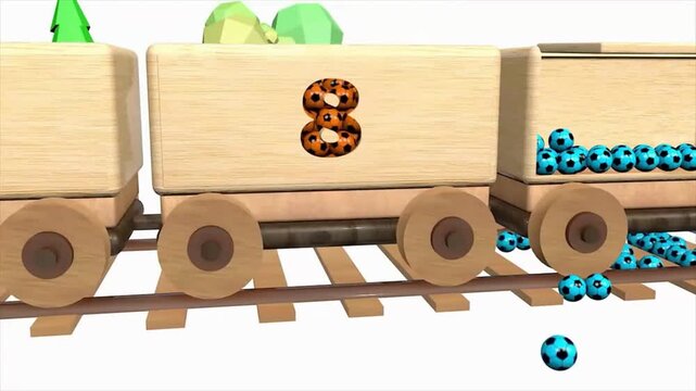 3D animation of wooden toy train wagon opening number eight to spill orange soccer balls in 4k