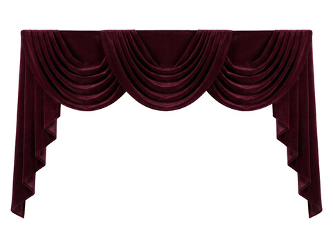 A rich burgundy velvet valance drapes elegantly, showcasing exquisite pleating and a cascade of fabric, adding a touch of opulence to any window treatment.