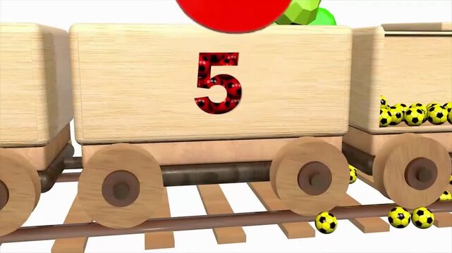 3D animation of wooden toy train wagon opening number five to spill red soccer balls in 4k