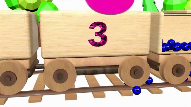 3D animation of wooden toy train wagon opening number three to spill pink soccer balls in 4k