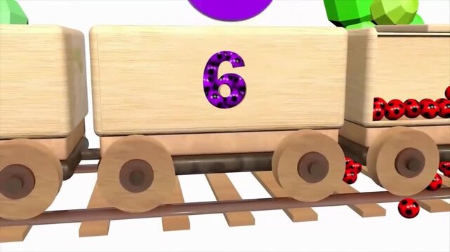 3D animation of wooden toy train wagon opening number six to spill purple soccer balls in 4k