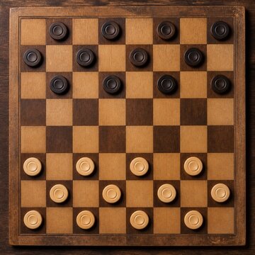 Vintage wooden checkers board with dark and light pieces, top down view
