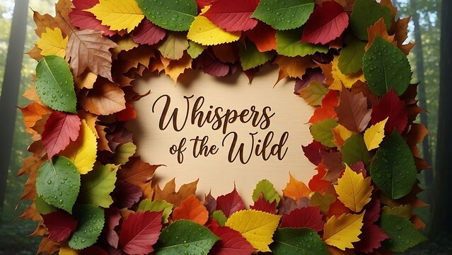 Whispers of the Wild text framed by autumn leaves.